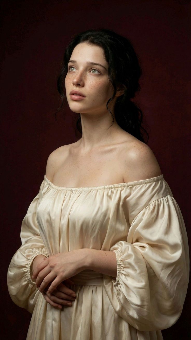 Woman with dark hair and freckles wearing an off-shoulder dress