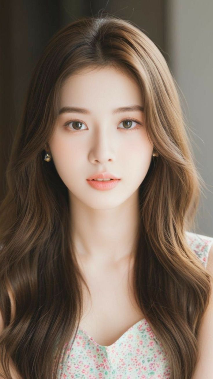 Woman with long wavy hair and earrings wearing a floral top