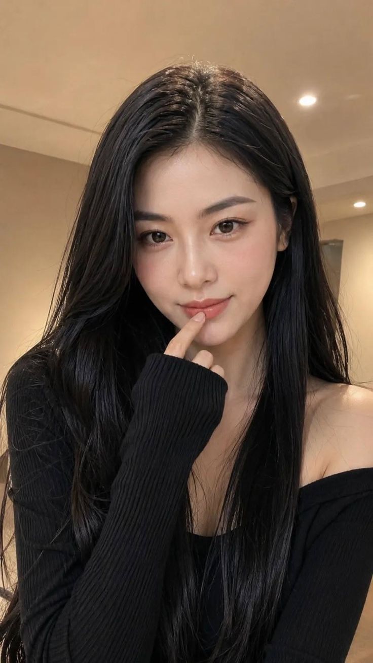 Woman with long black hair wearing an off-shoulder top indoors
