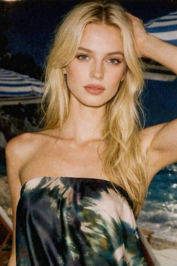 Blonde woman in a strapless top at the beach with film grain