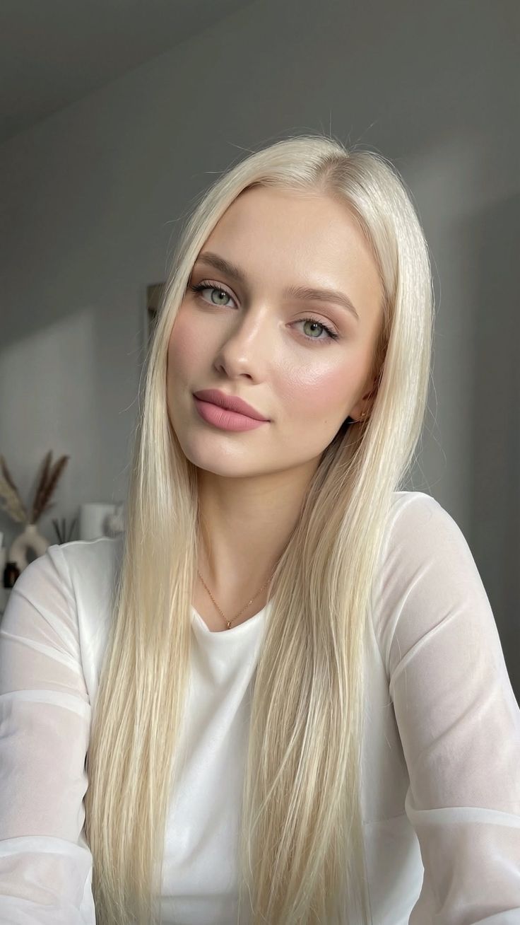 Woman with long blonde hair and green eyes wearing a white top indoors