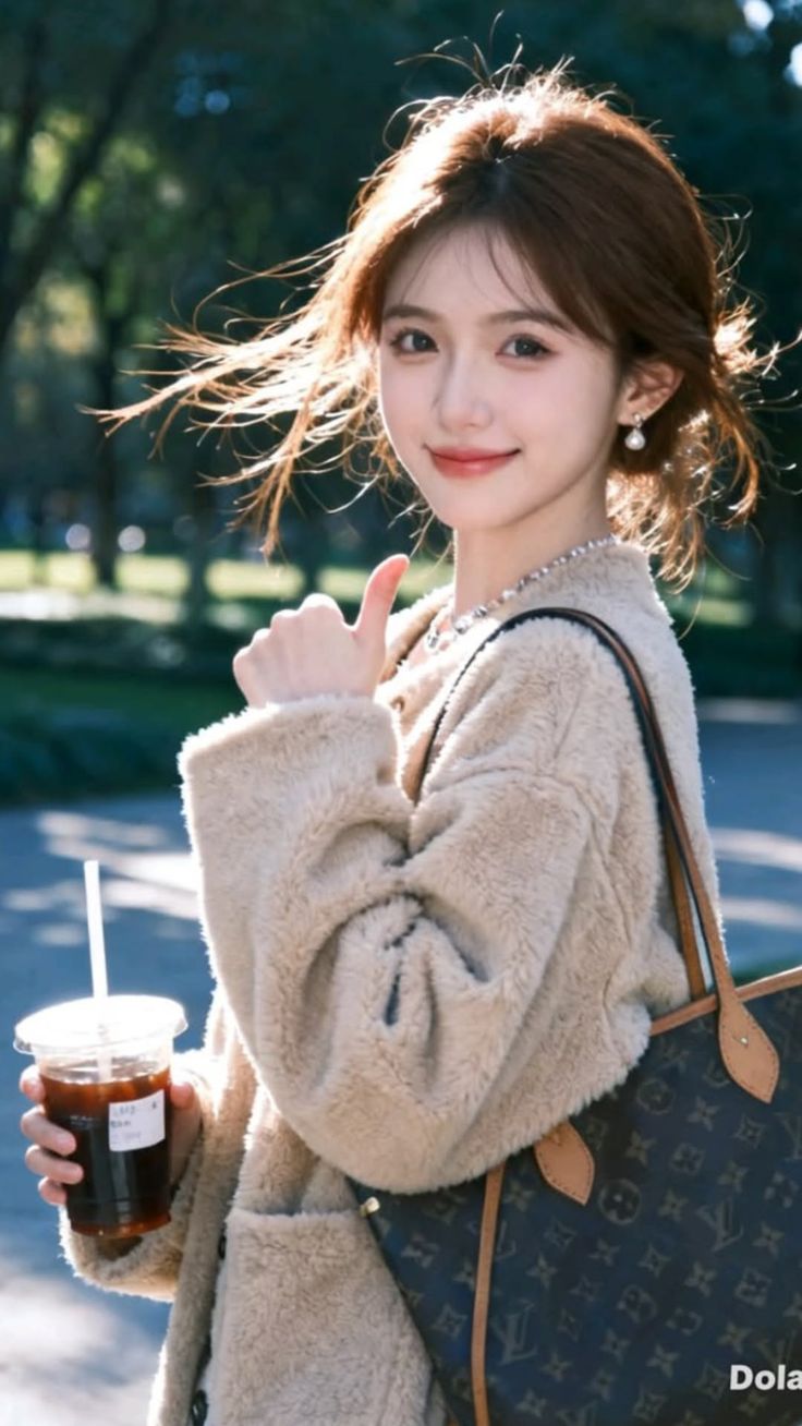 Woman in a furry coat holding iced coffee outdoors with backlight