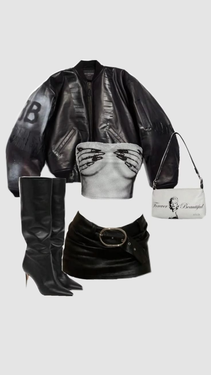 A collection of black leather clothing and accessories on a grey background