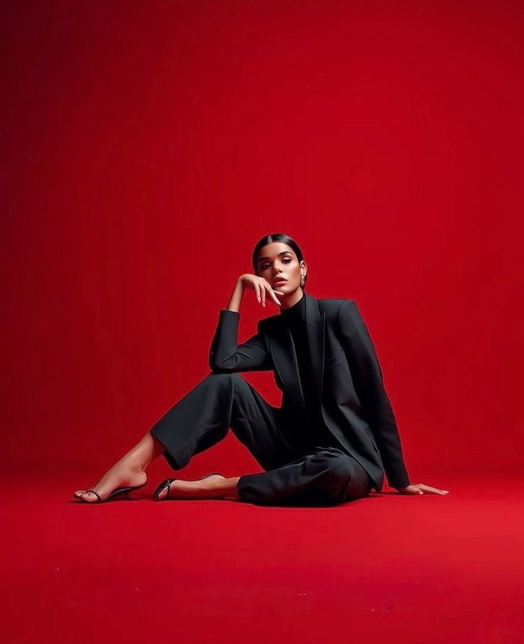 Woman in a black suit sitting on a red background
