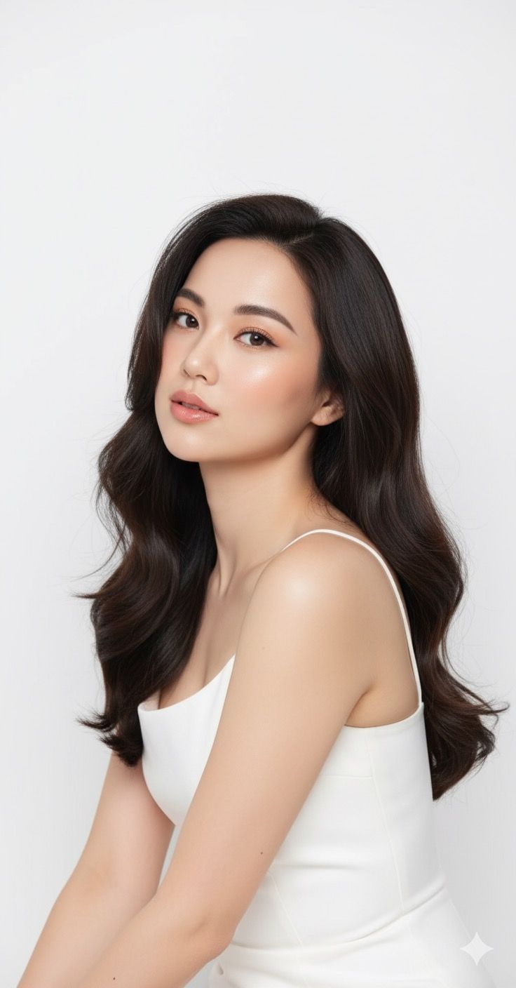 Woman with long black hair wearing a white top against a white background