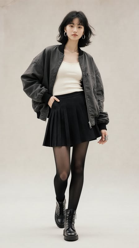 Woman with short black hair wearing a bomber jacket, pleated skirt, and combat boots