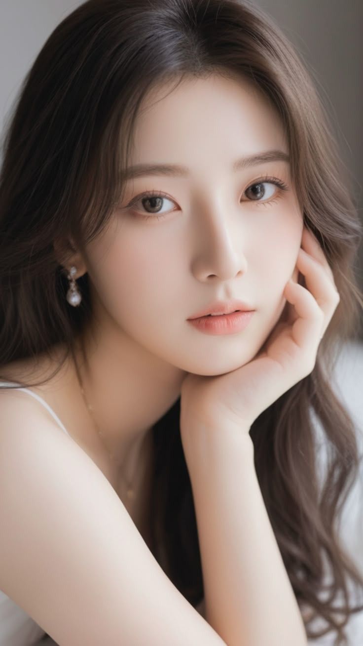 Woman with long brown hair and pearl earrings in a soft lighting portrait