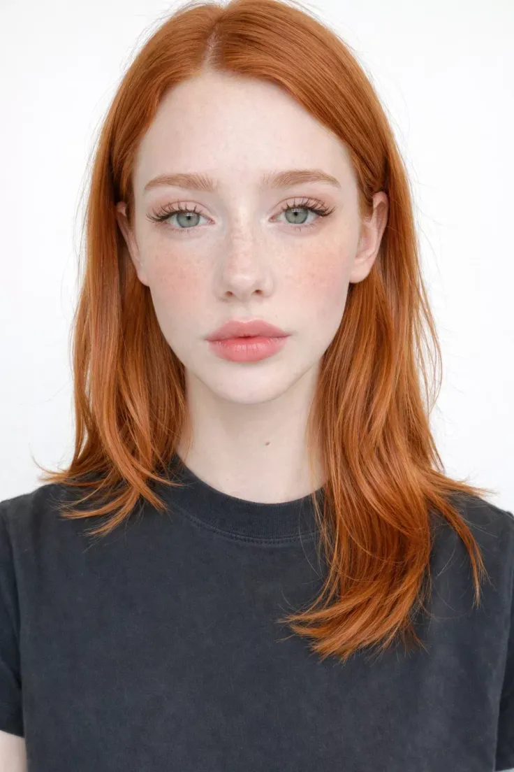 Woman with red hair and freckles wearing a dark t-shirt against a white background