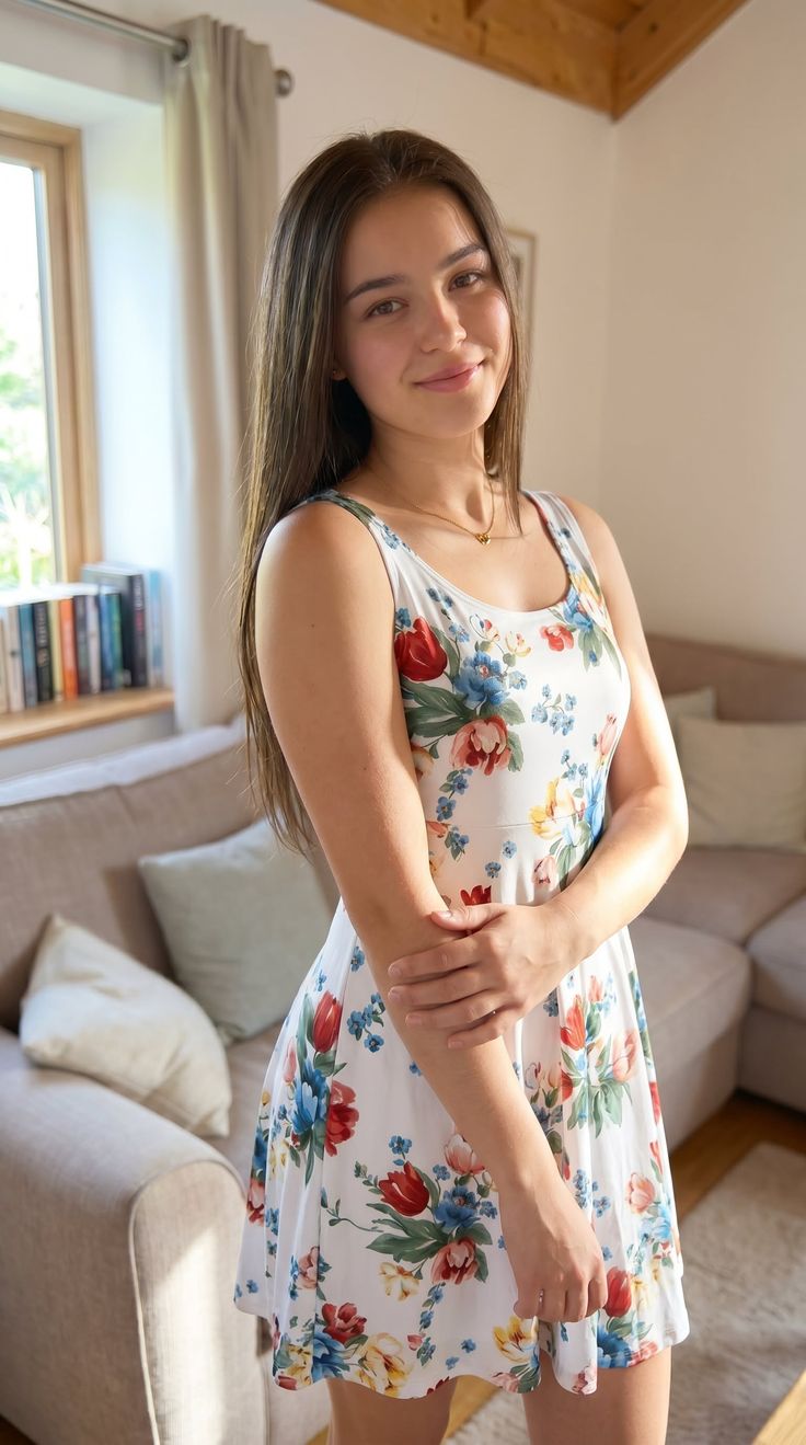 Woman in a white floral dress standing indoors with natural light