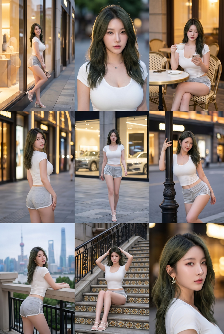Woman in a white top and short shorts posing in various outdoor settings