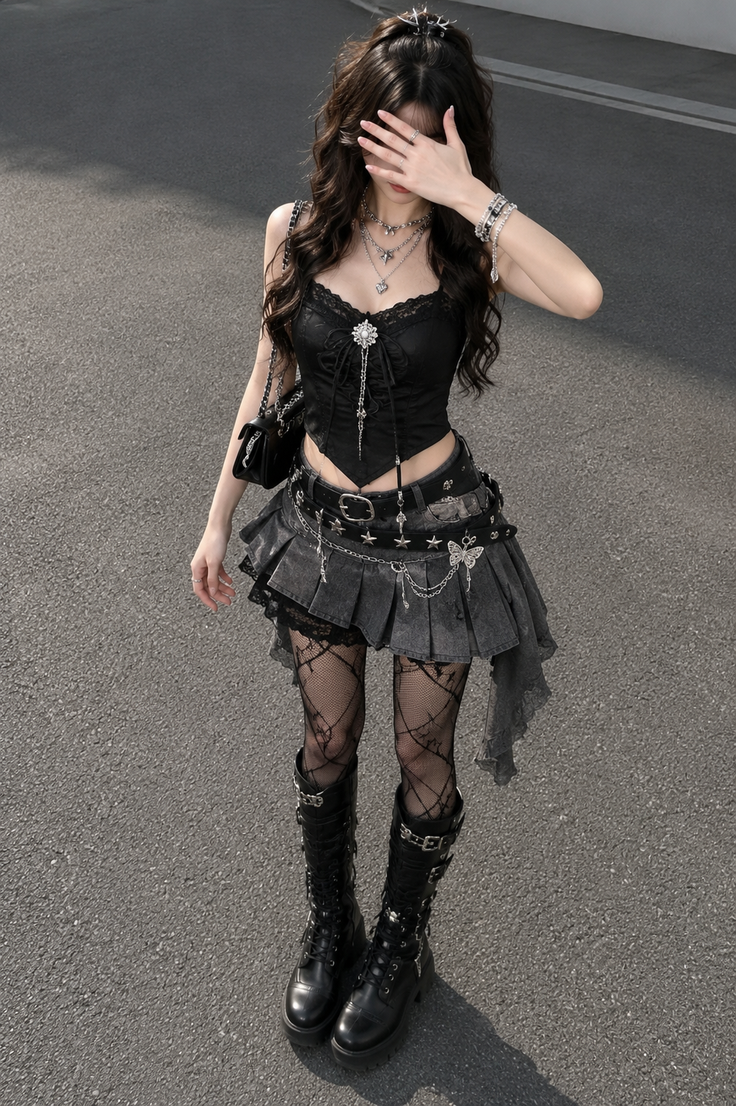 Woman in gothic-style clothing with a black corset top and pleated skirt outdoors