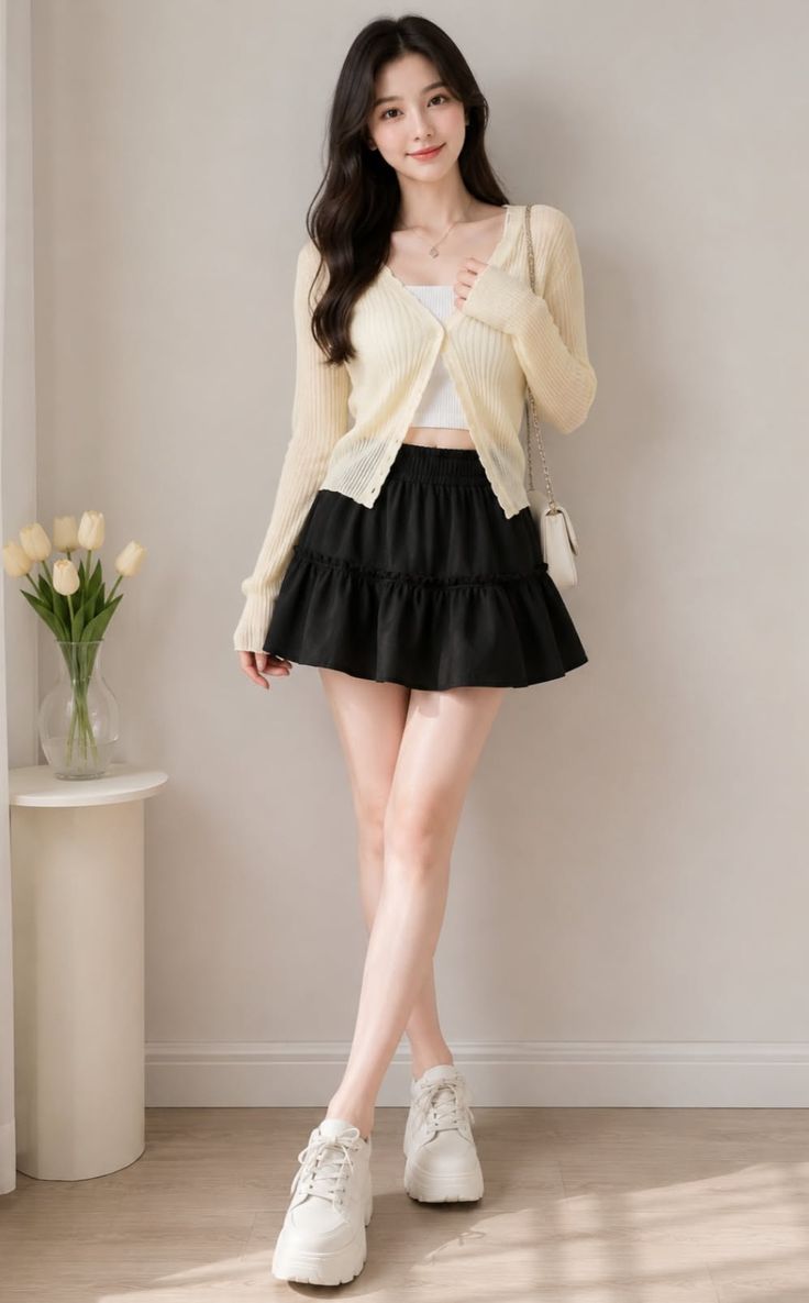 Woman with long black hair wearing a cardigan and mini skirt indoors