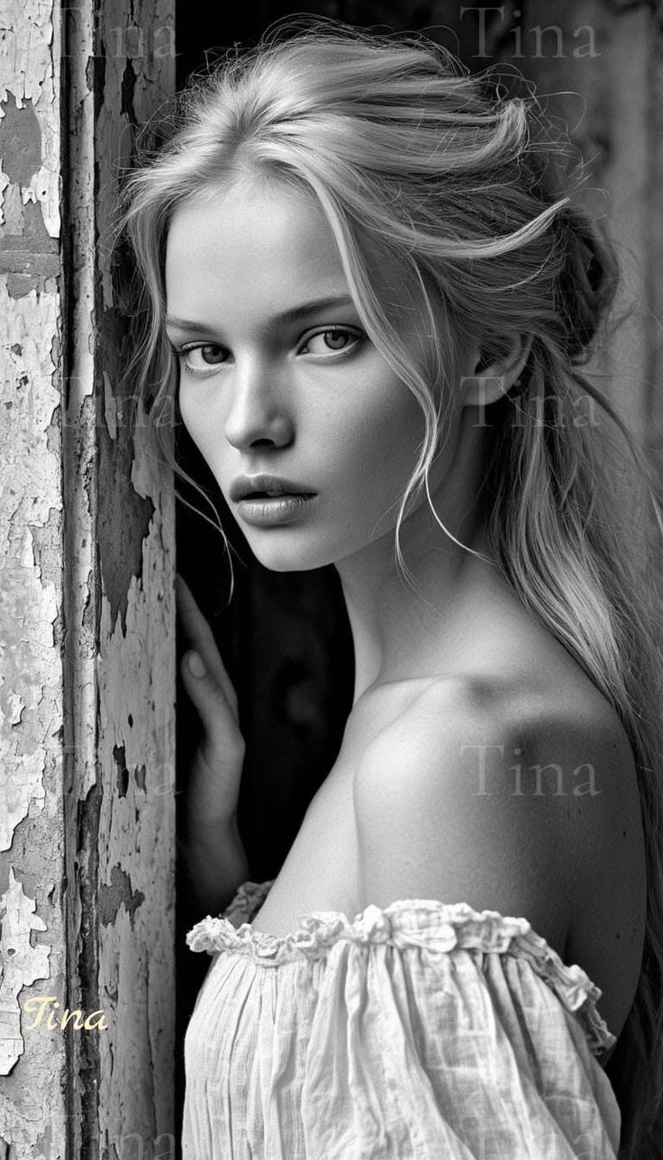 Blonde woman with an off-shoulder top leaning against a wall with peeling paint