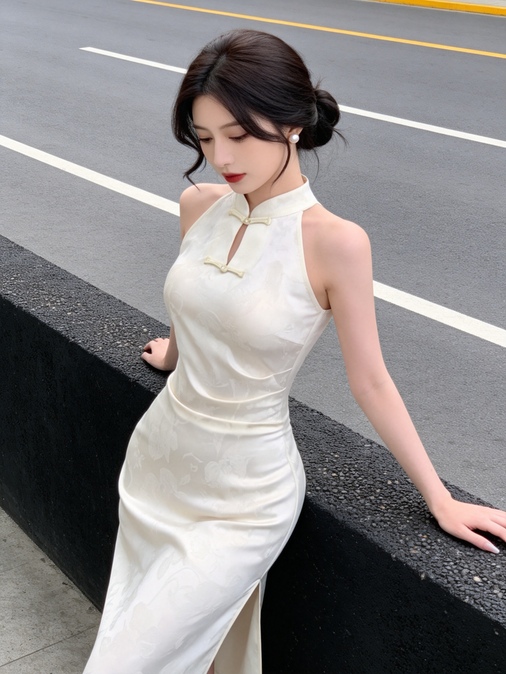 Woman in a white cheongsam dress with an updo and pearl earrings outdoors