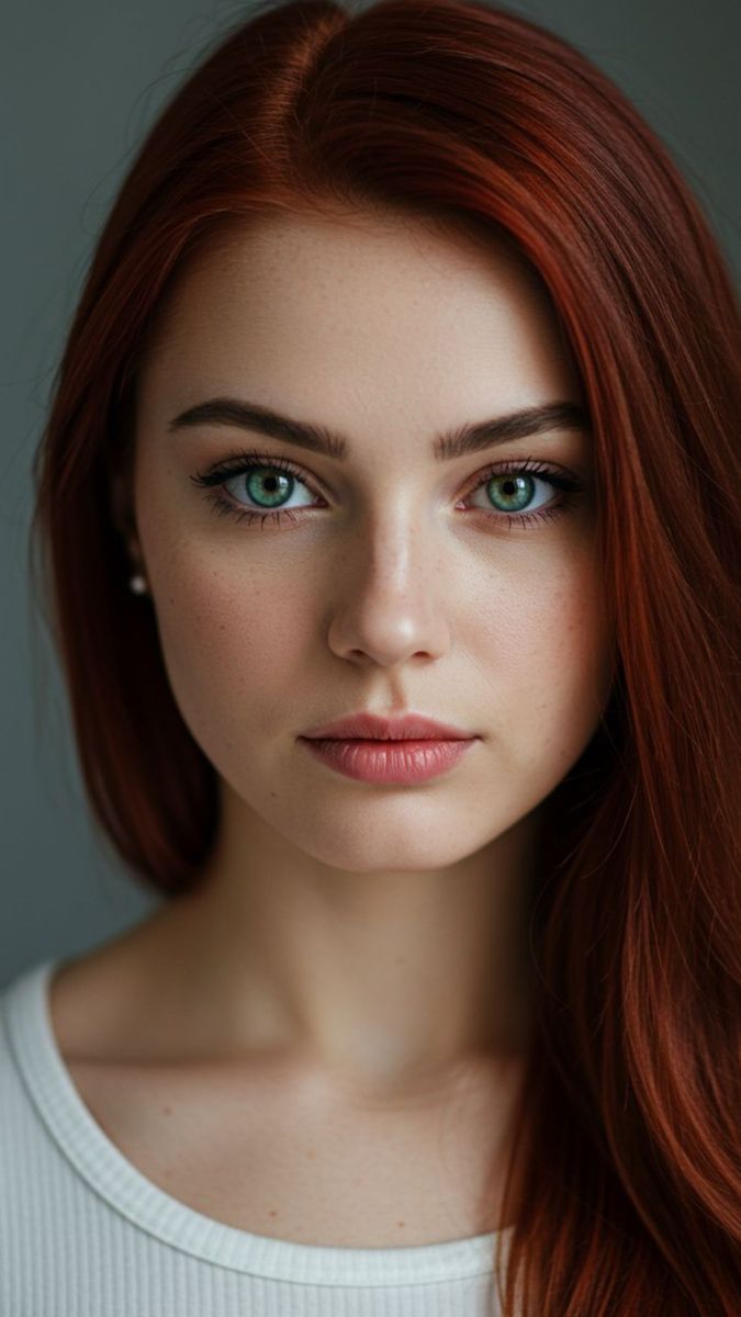 Woman with red hair and green eyes looking directly at the viewer