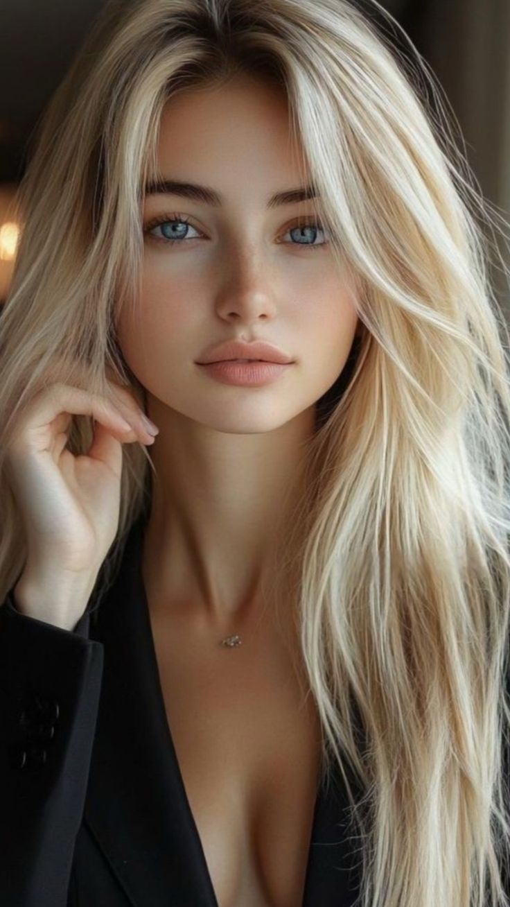 Woman with blonde hair and blue eyes wearing a black blazer and necklace