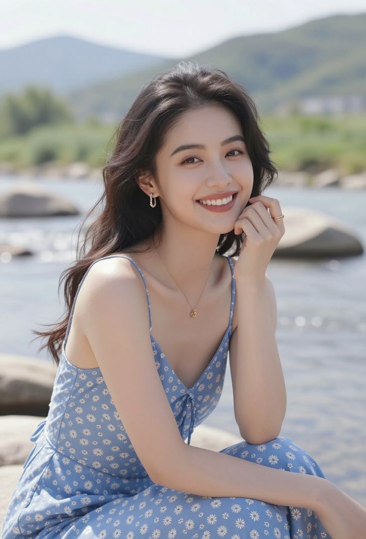 Woman in a blue floral dress smiling by a river with mountains in the background