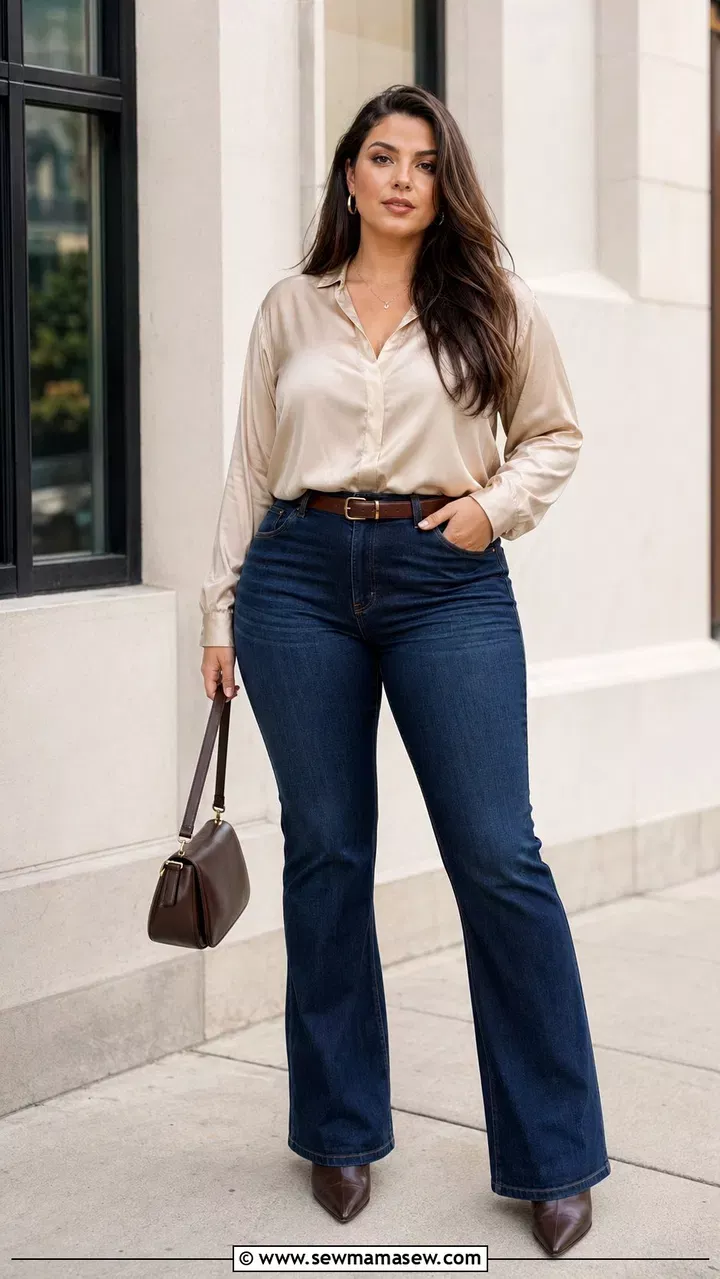 Woman with long hair wearing a satin shirt and flared jeans outdoors