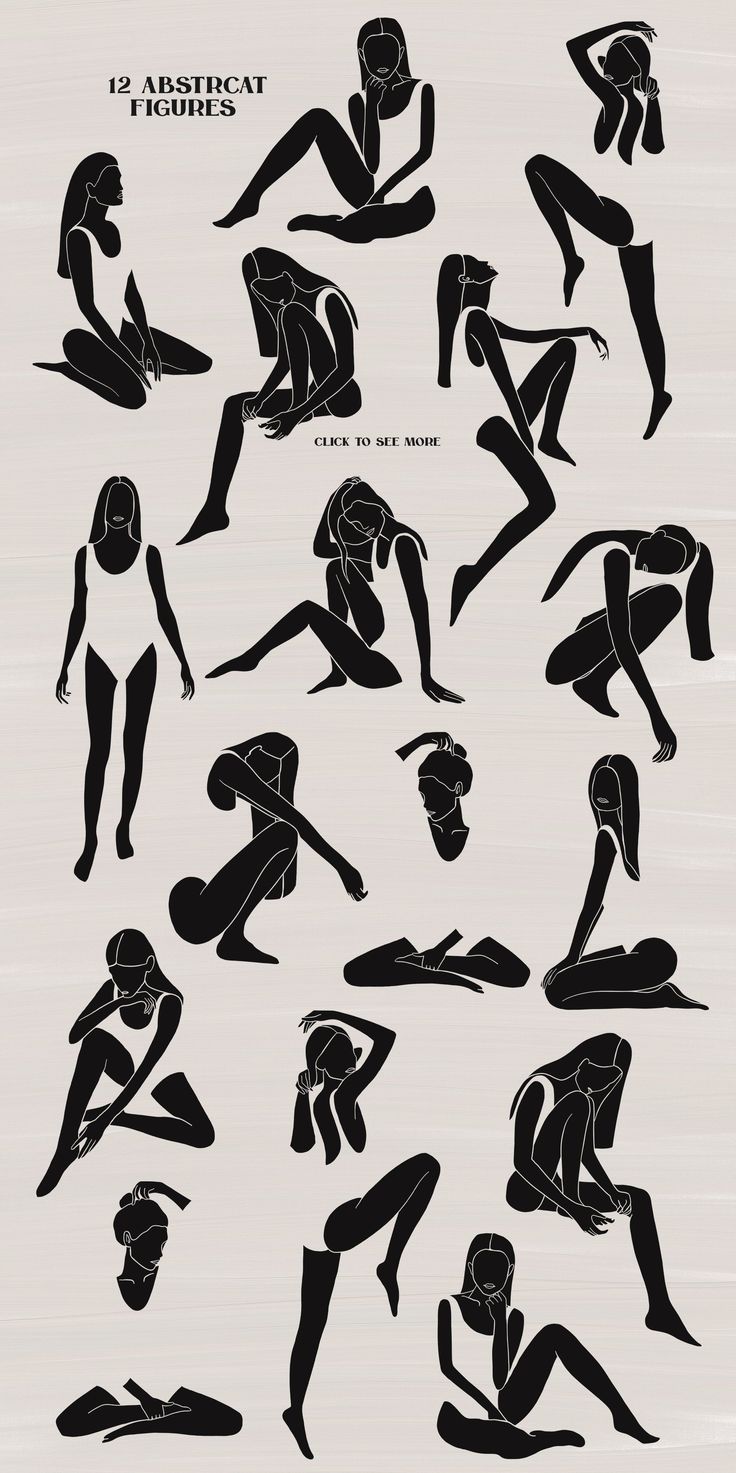 Multiple abstract black silhouettes of women in various poses on a light background