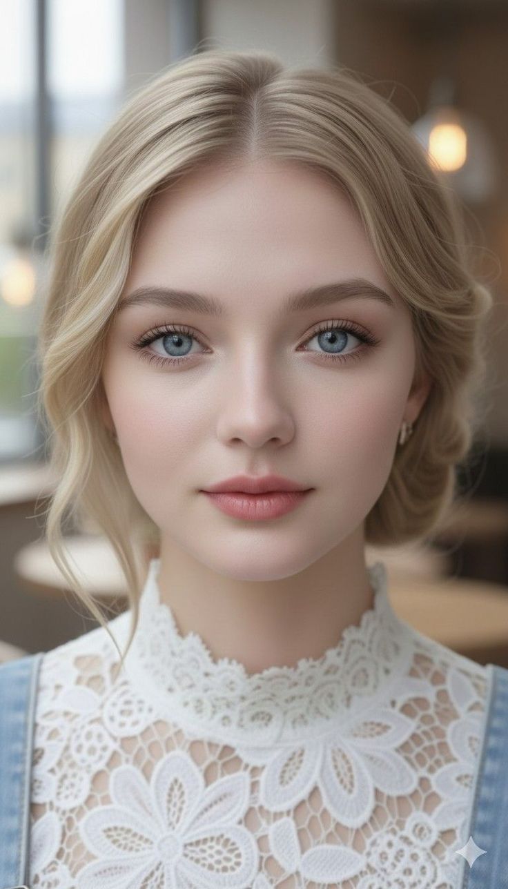 Blonde woman with blue eyes wearing a white lace top indoors