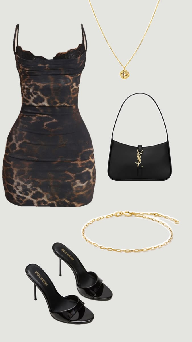 Leopard print dress with black high heels, handbag, and gold jewelry