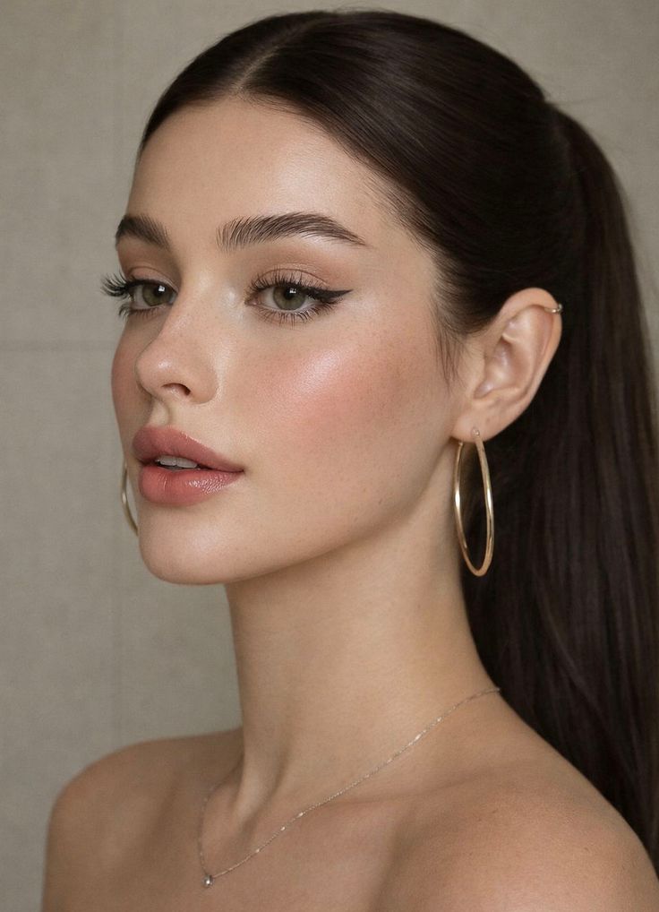 Woman with dark hair in a ponytail wearing hoop earrings and a necklace