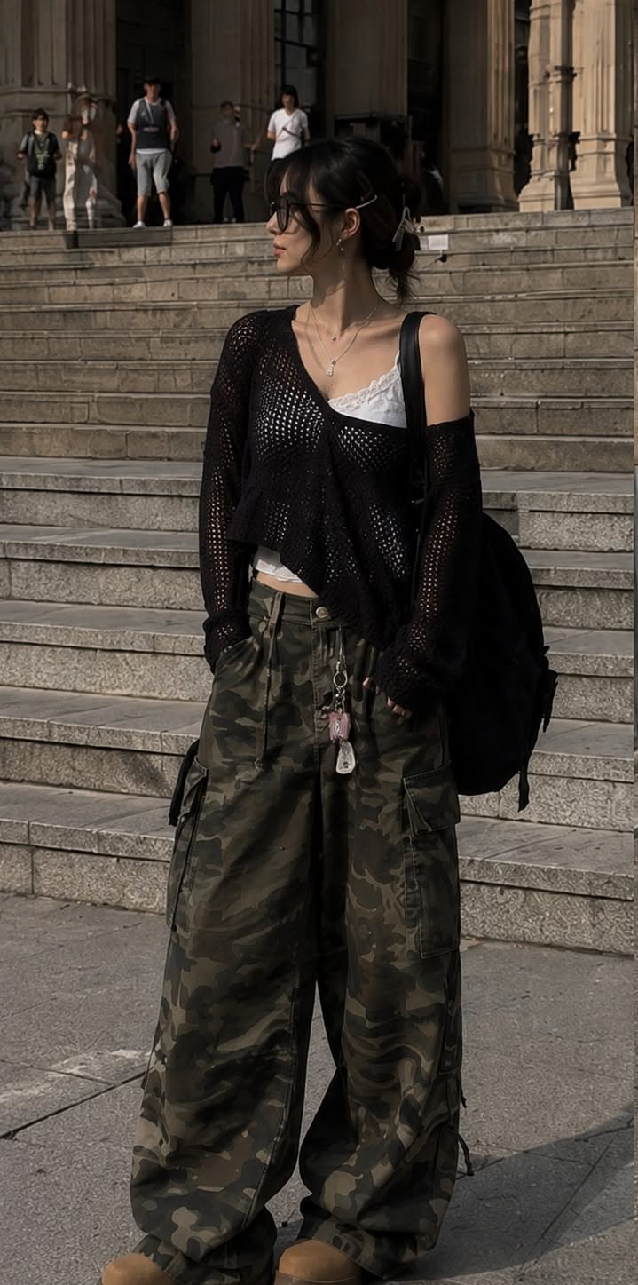 Woman in camouflage pants and a black mesh top standing outdoors