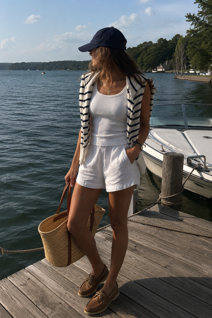 Woman in a baseball cap and white shorts standing on a dock by a lake