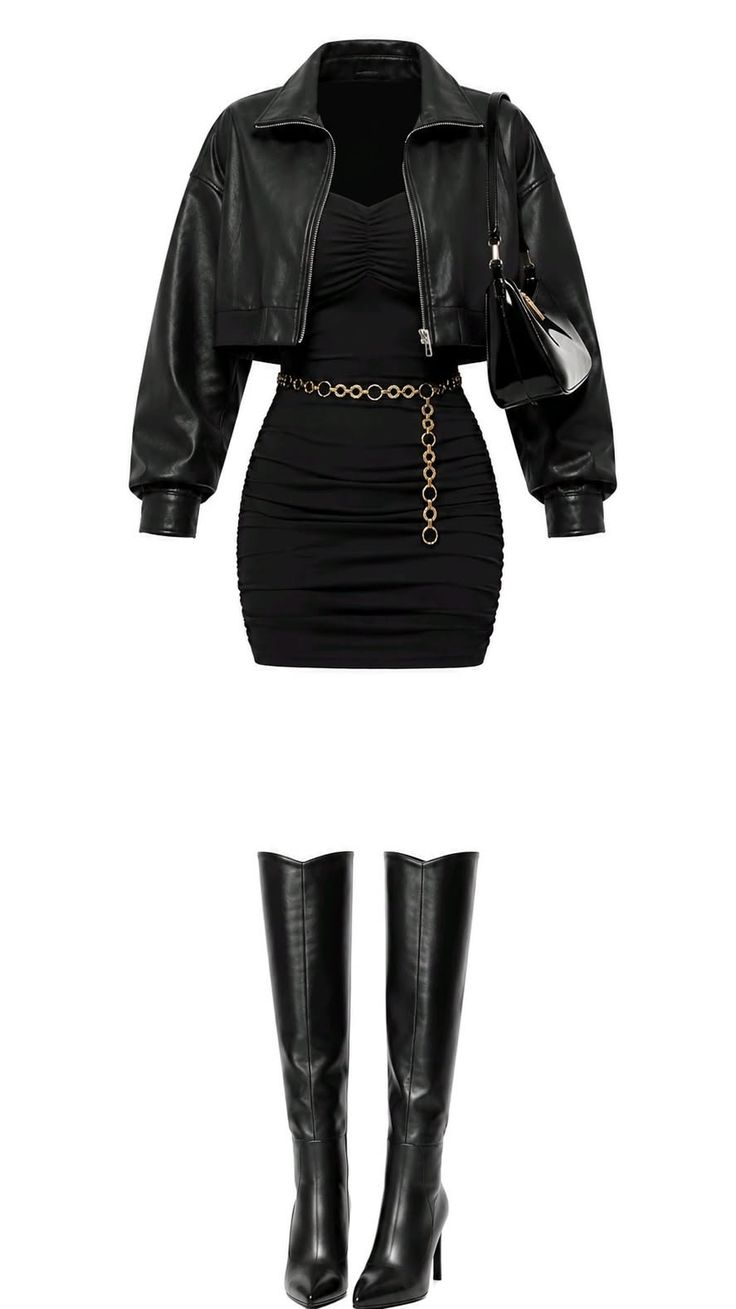 Black leather jacket, mini dress, and knee-high boots with a gold chain belt