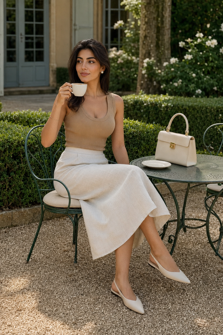 Woman in a midi skirt and sleeveless top drinking coffee at an outdoor cafe