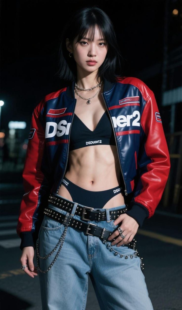 Woman in a red and blue jacket, black bra, and jeans on a street at night