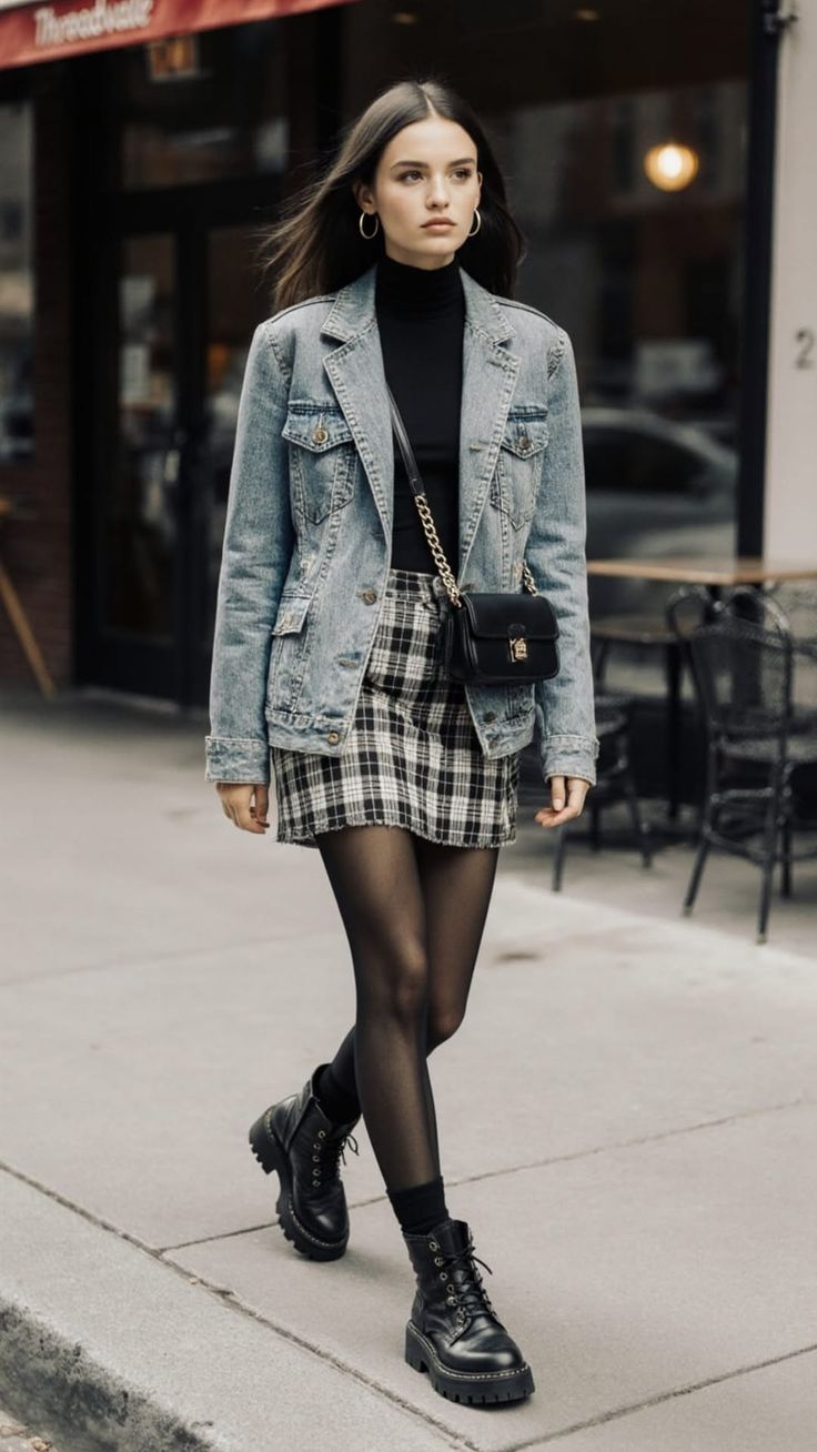 Woman in a denim jacket and plaid skirt walking on a city street