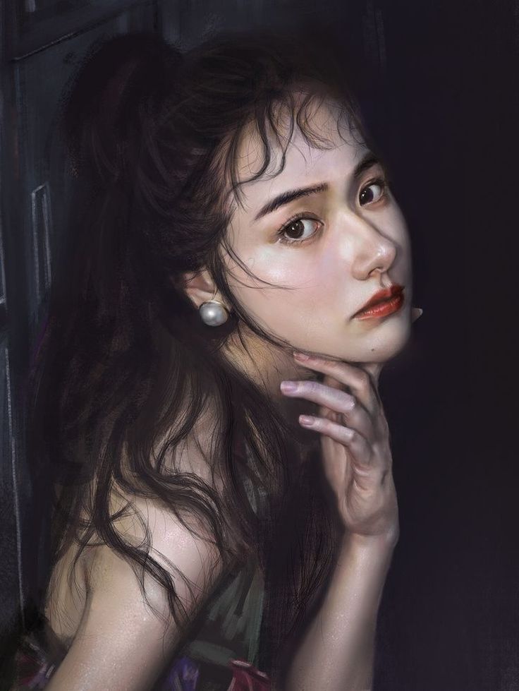 Realistic portrait of a woman with a ponytail and pearl earring against a dark background