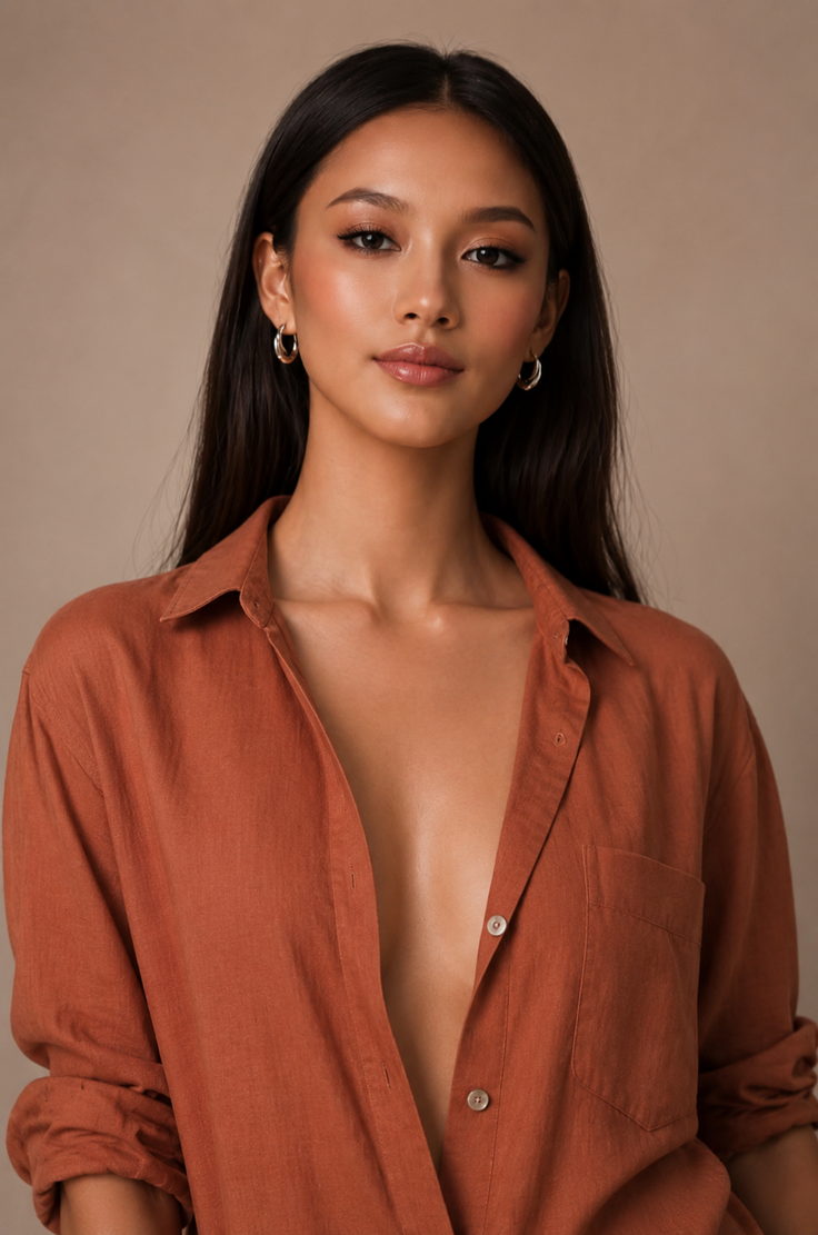 Woman with long dark hair wearing an unbuttoned rust-colored shirt