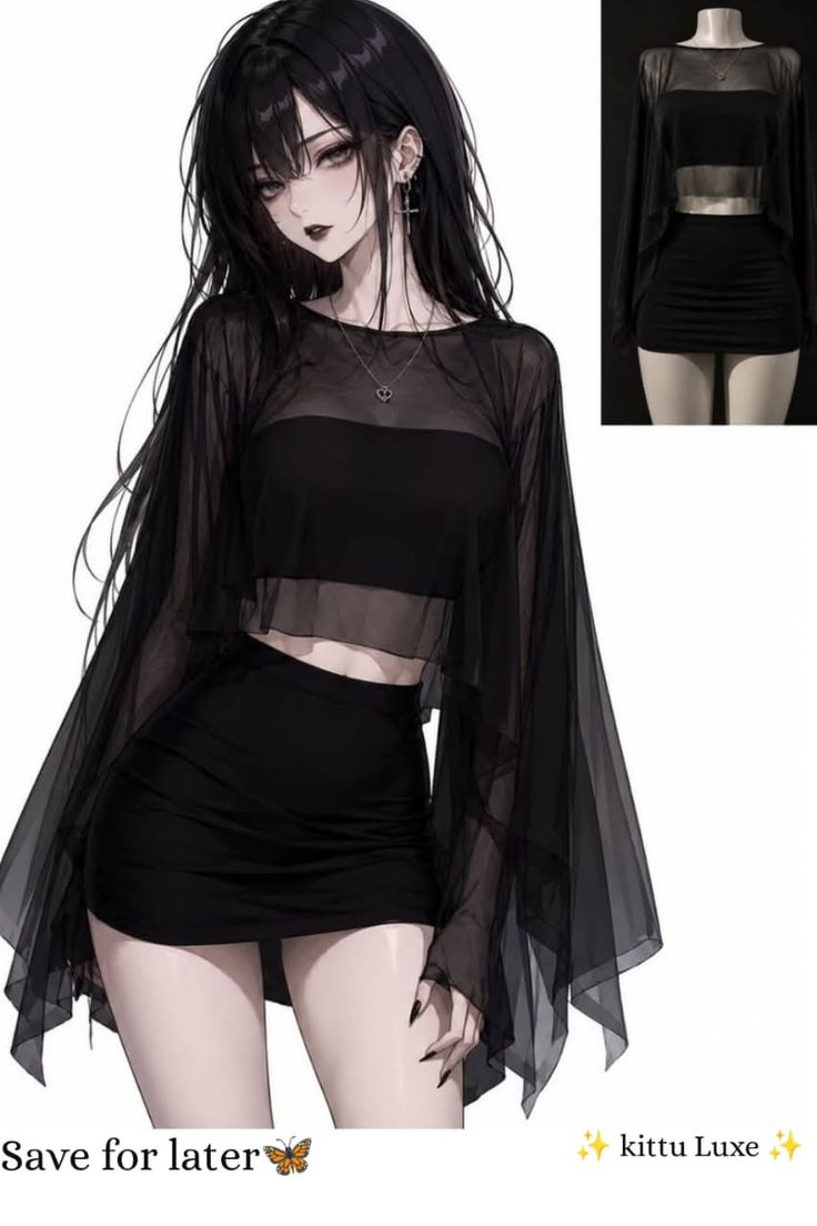 Anime girl with long black hair wearing a sheer top and mini skirt