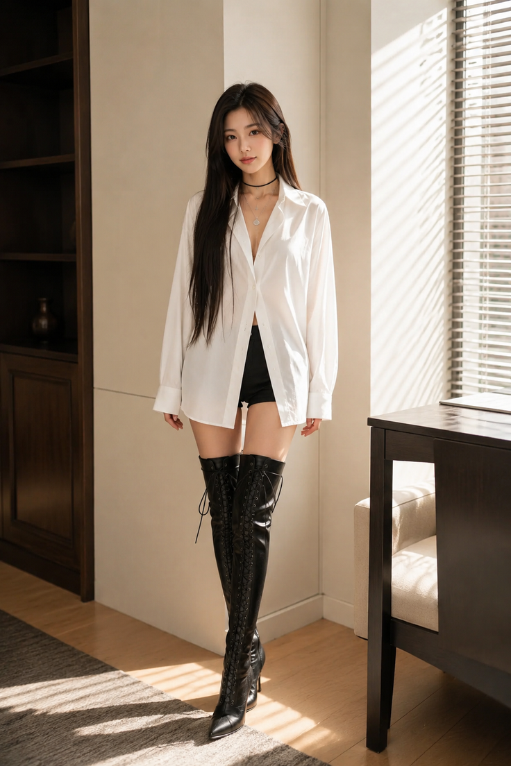 Woman in a white shirt, black shorts, and thigh high boots indoors