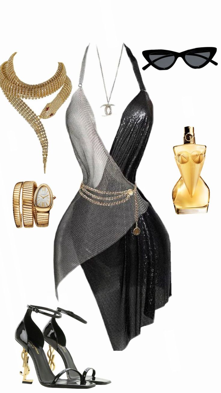 Fashion flat lay with a black and silver dress, gold jewelry, and accessories