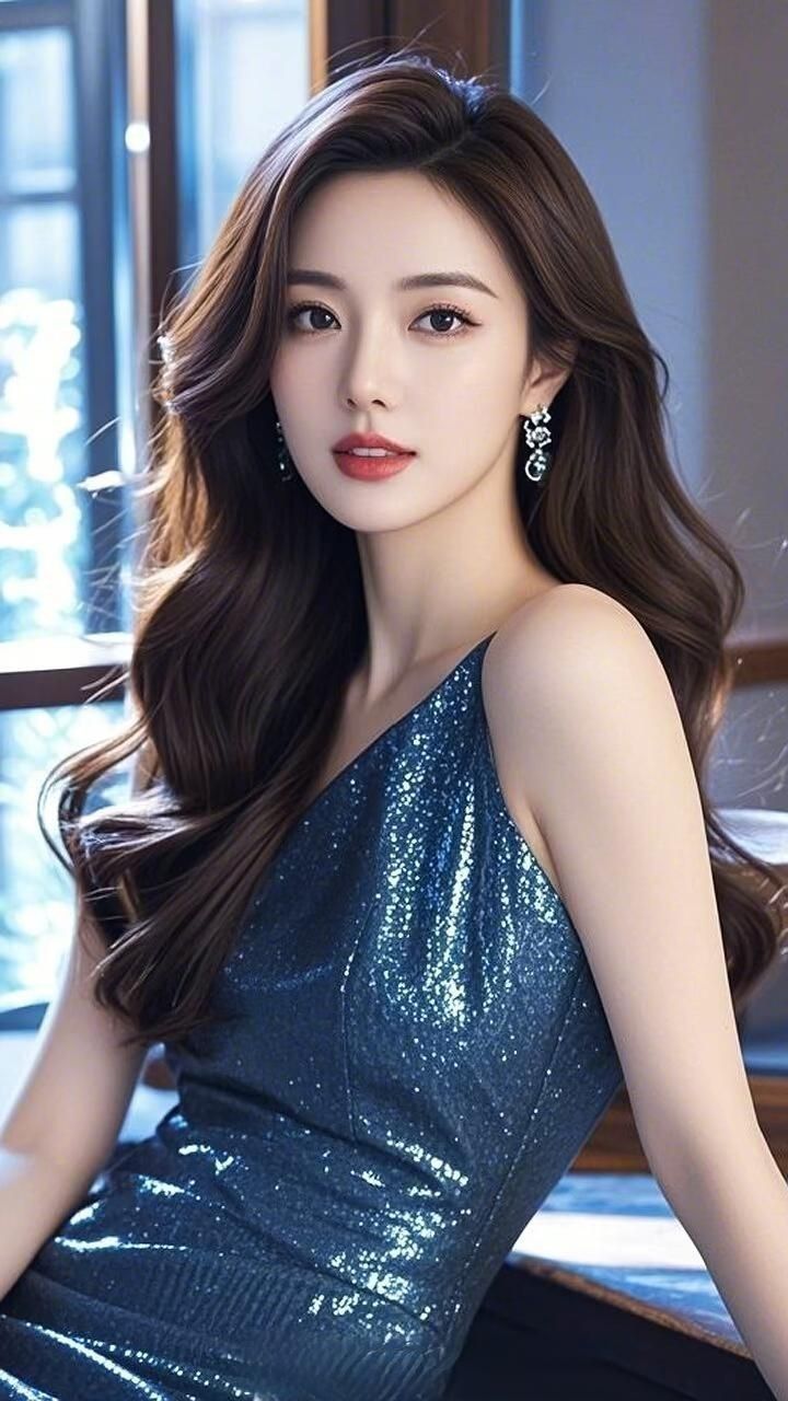 Woman with long hair wearing a blue sequin dress and earrings