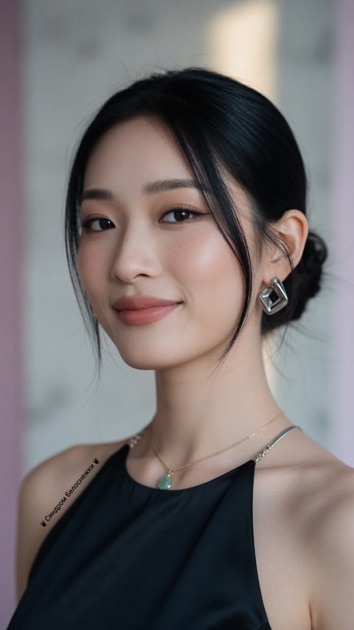 Woman with black hair in an updo wearing a black top and jewelry