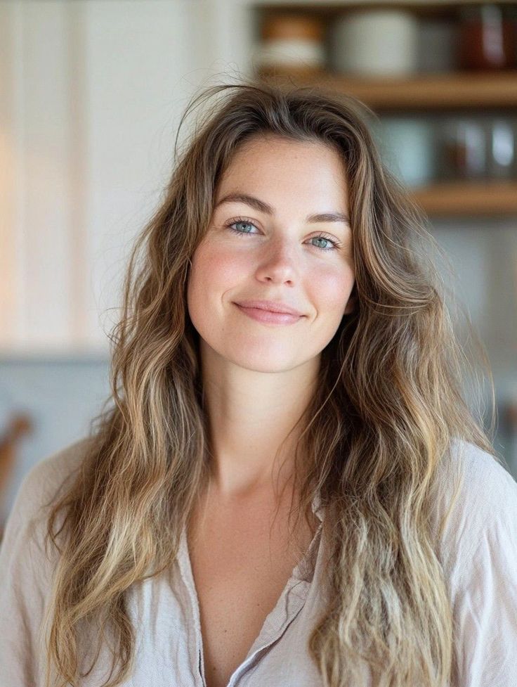 Woman with long wavy hair and blue eyes smiling at the camera