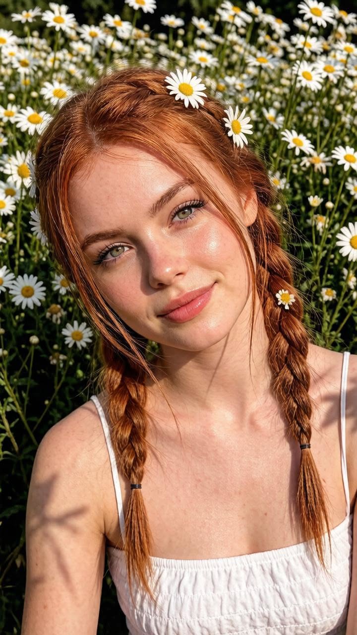 Woman with red braided hair and daisies in a field of flowers