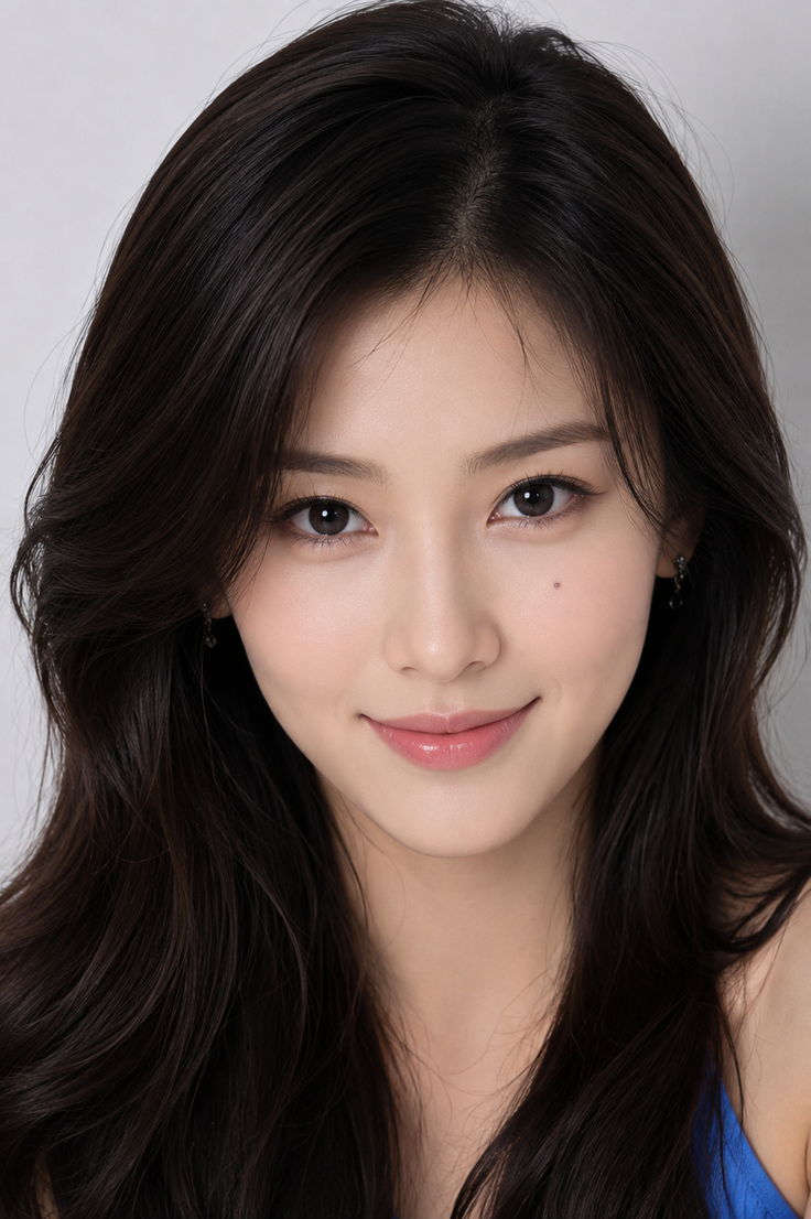 Woman with long black hair smiling in a portrait with soft lighting