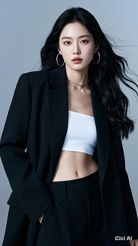 Woman with long black hair wearing a black suit and white tube top