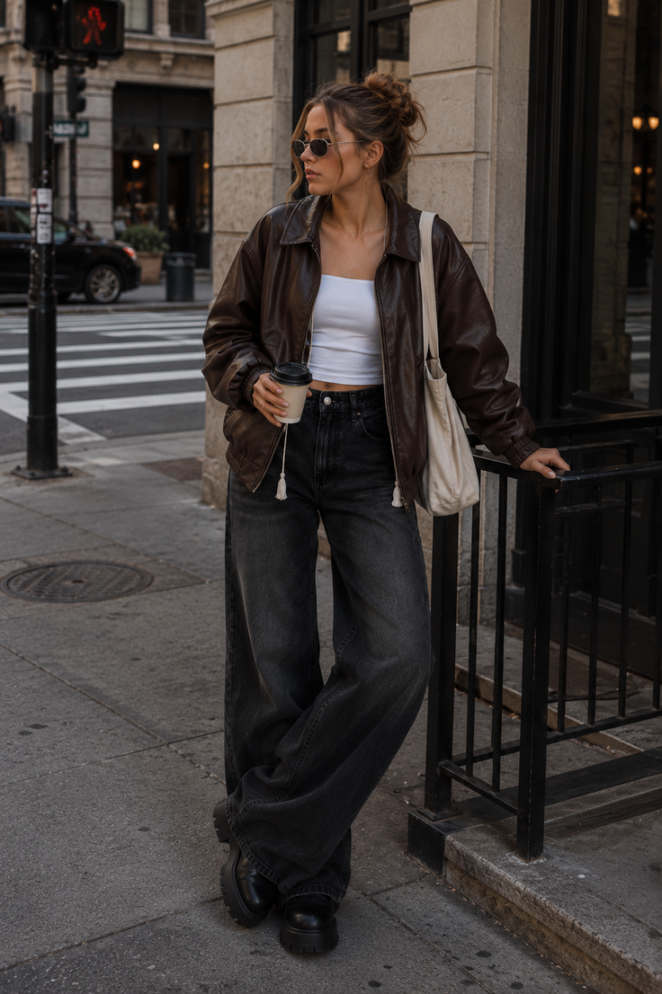 Woman in a brown leather jacket and wide leg jeans on a city street