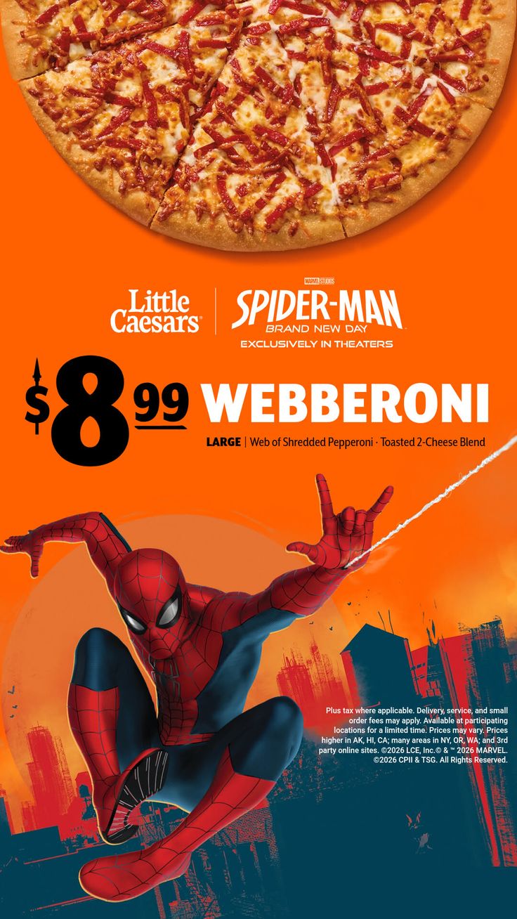 Little Caesars advertisement for Webberoni pizza featuring Spider-Man