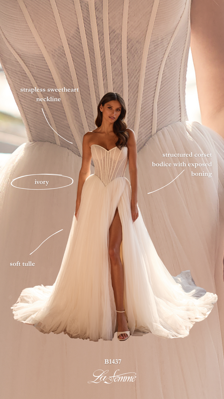 Woman in an ivory strapless wedding dress with a high slit and corset bodice