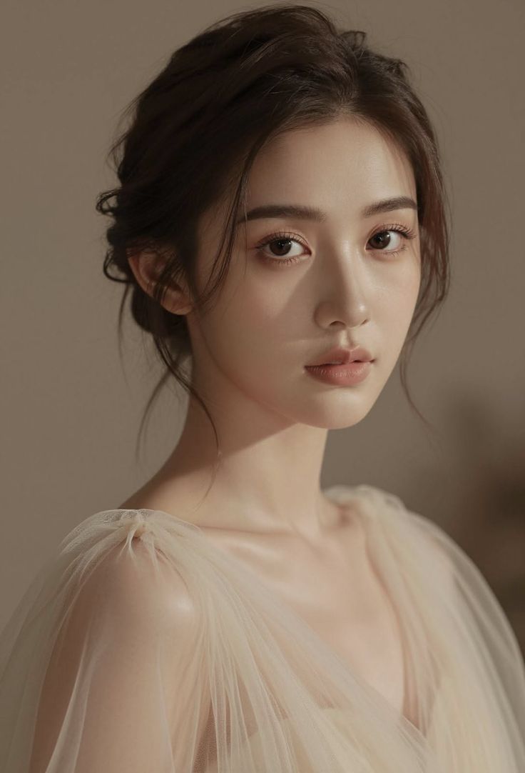 Woman with an updo hairstyle wearing a light tulle dress with soft lighting