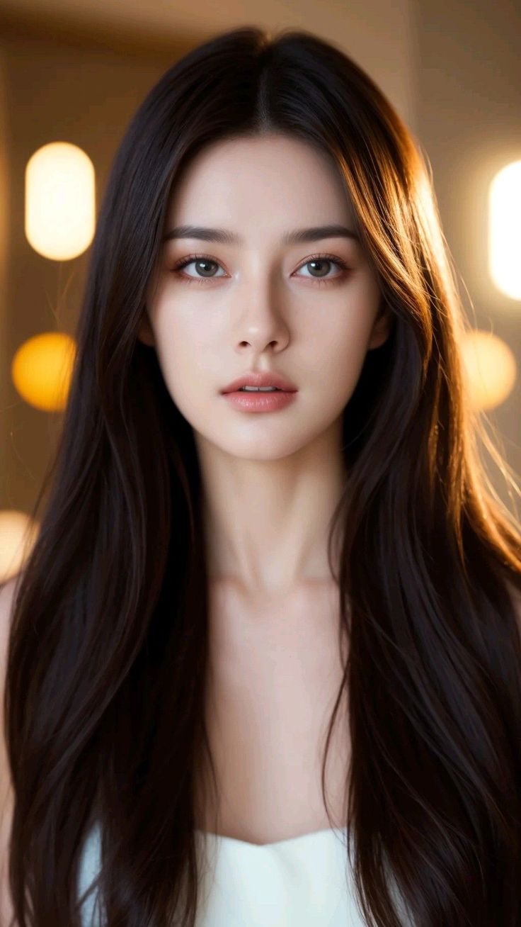 Woman with long dark hair and exposed shoulders, looking directly at the viewer