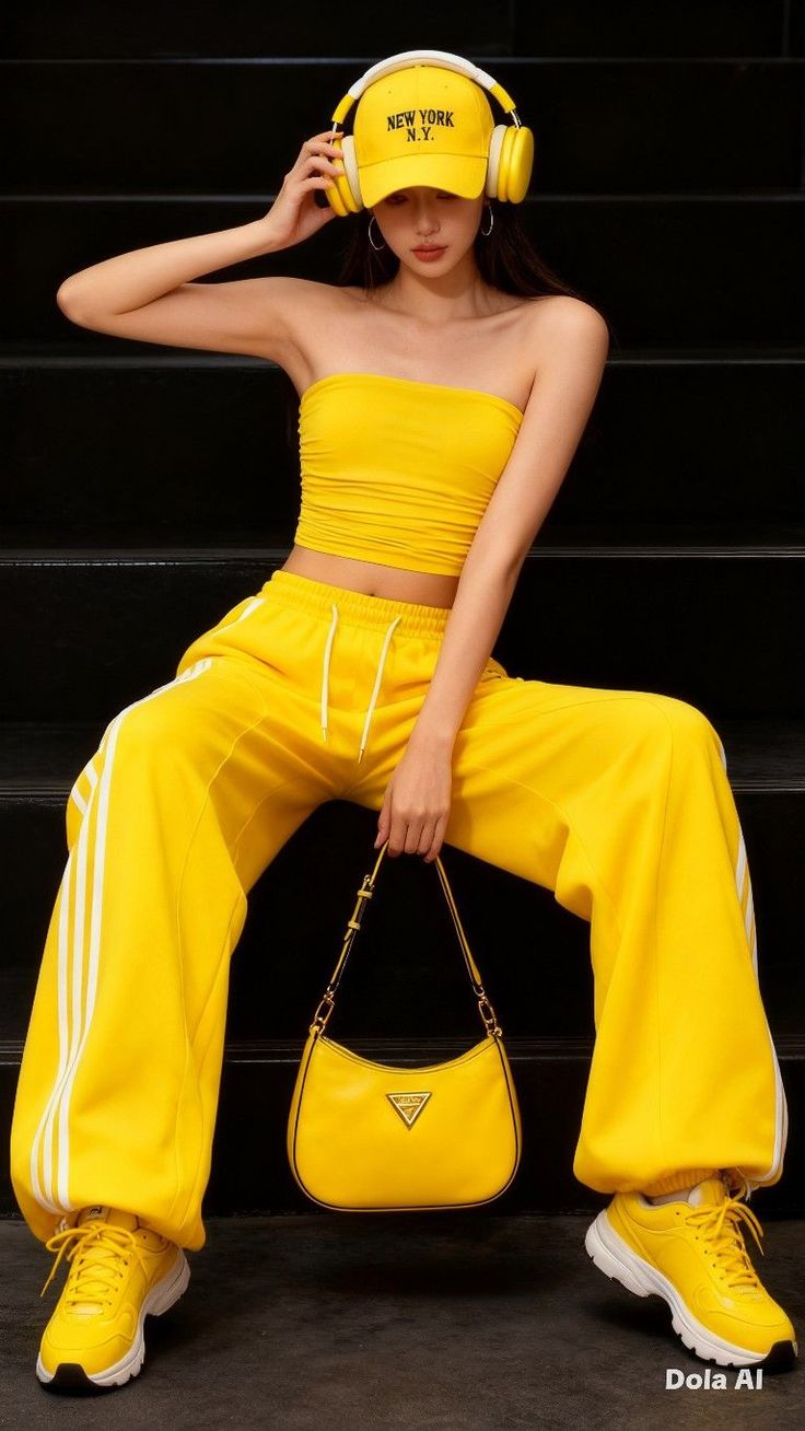 Woman in a yellow tube top and sweatpants, wearing a baseball cap and headphones