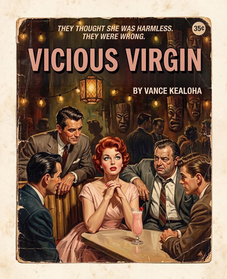 Pulp fiction book cover illustration of a woman in a pink dress with three men in a bar